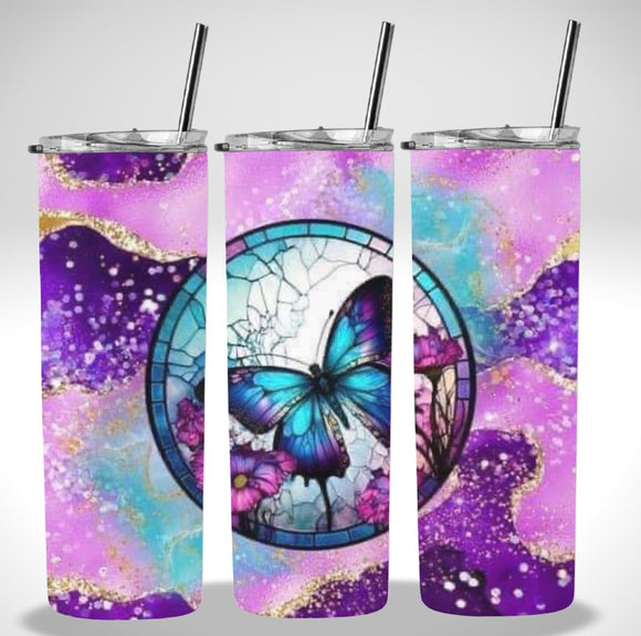 Skinny Insulated Tumbler- 600ml “Purple/Blue Butterfly Stained Glass”