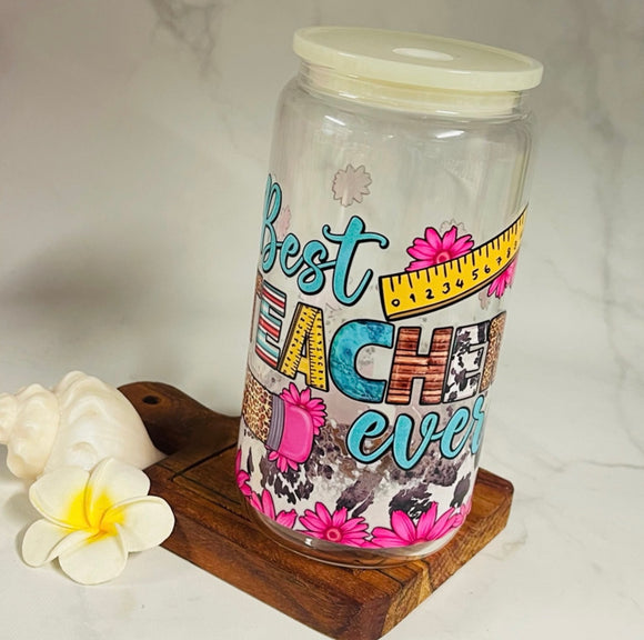 The Iced Coffee Can - Floral & Cowprint “Best Teacher Ever”