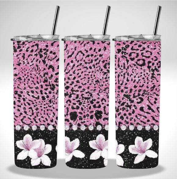 Skinny Insulated Tumbler- 600ml “Pink/Black Leopard Frangipani”