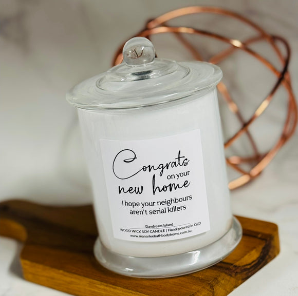 Cuss Collection Wood Wick Soy Candle- “Congrats on your new home”