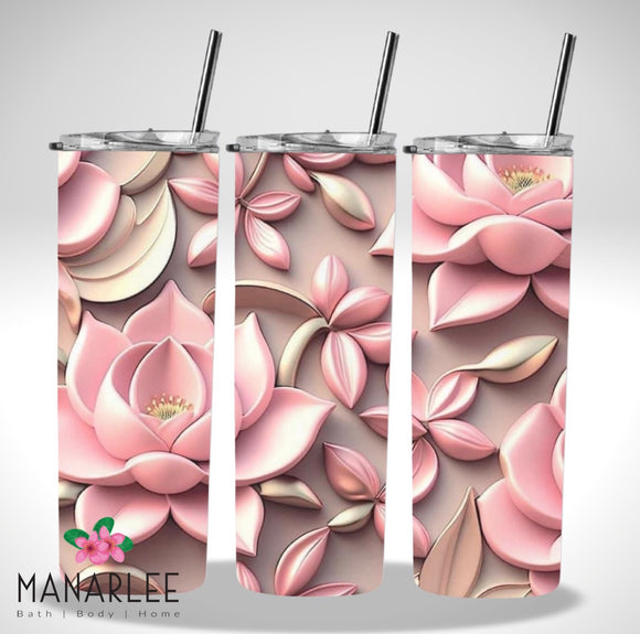 Skinny Insulated Tumbler- 600ml “3D Baby Pink Lotus”