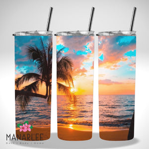 Skinny Insulated Tumbler- 600ml “Palm Tree Sunset”