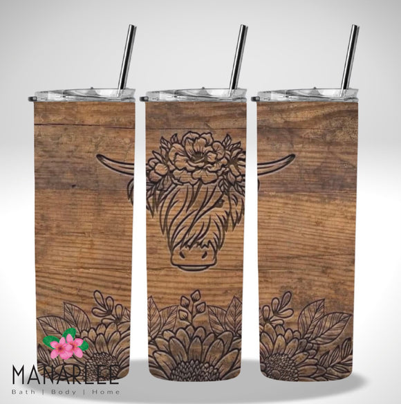 Skinny Insulated Tumbler- 600ml “Wooden Engraved Highland Cow”