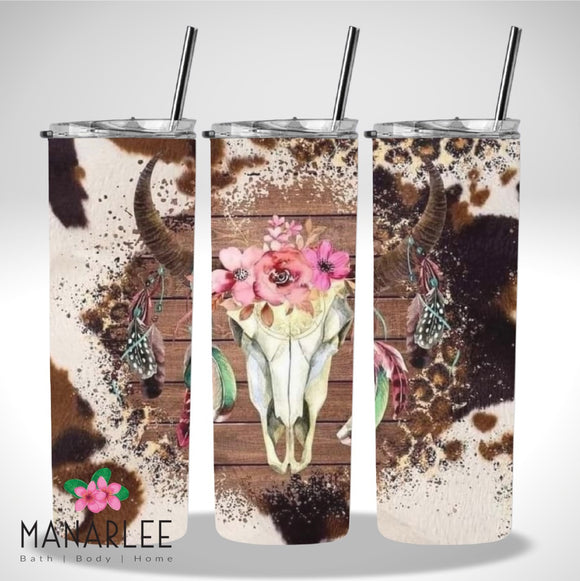 Skinny Insulated Tumbler- 600ml “Cow Print & Floral Skull”