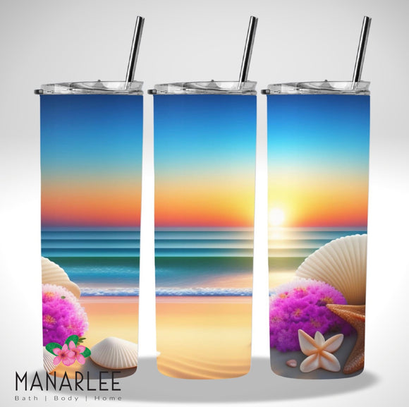 Skinny Insulated Tumbler- 600ml “Shells & Beach Sunset”