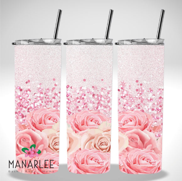 Skinny Insulated Tumbler- 600ml “Pink Rose Glitz”