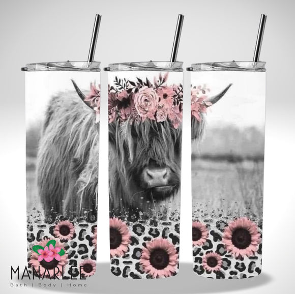 Skinny Insulated Tumbler- 600ml “Baby Pink Highland Cow”