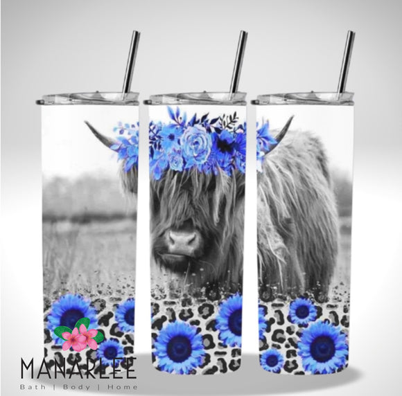Skinny Insulated Tumbler- 600ml “Blue Highland Cow & Flowers”