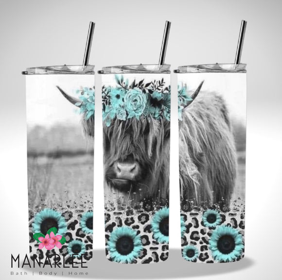 Skinny Insulated Tumbler- 600ml “Teal Highland Cow & Flowers”