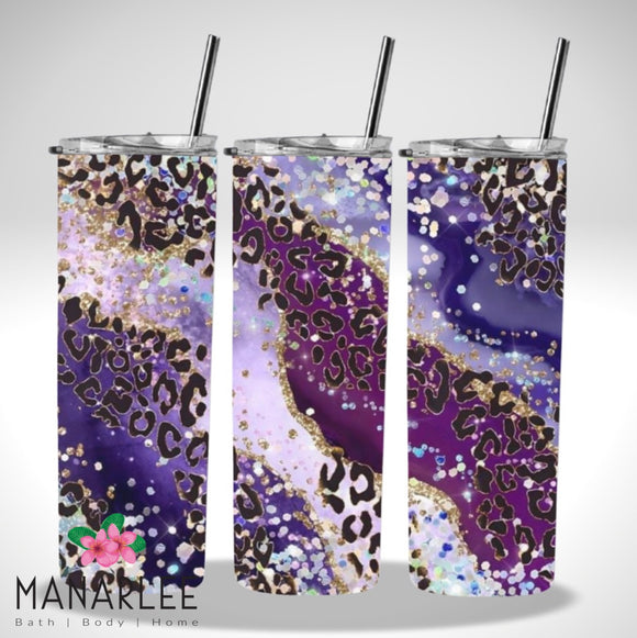 Skinny Insulated Tumbler- 600ml “Glitzy Leopard Purple/Black ”