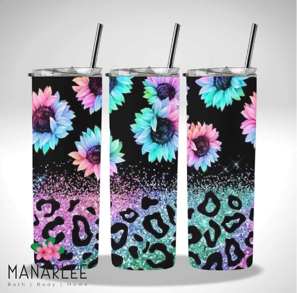 Skinny Insulated Tumbler- 600ml “Glitzy Sunflower & Leopard”