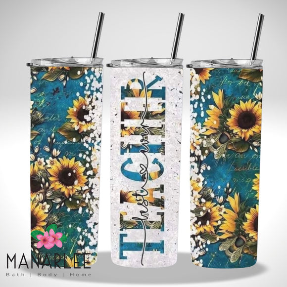 Skinny Insulated Tumbler- 600ml “Best Ever Teacher- Teal Sunflower”