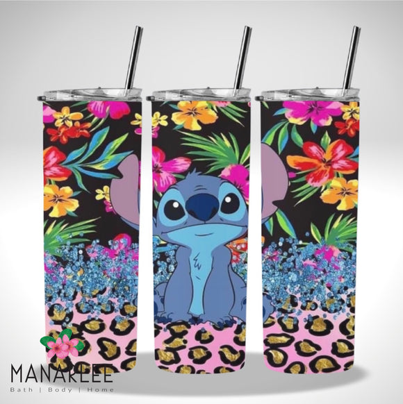 Skinny Insulated Tumbler- 600ml “Tropical Leopard Mr Stitch- O ”