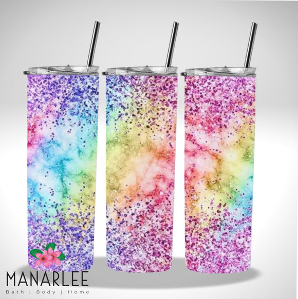 Skinny Insulated Tumbler- 600ml “Rainbow Glitz”