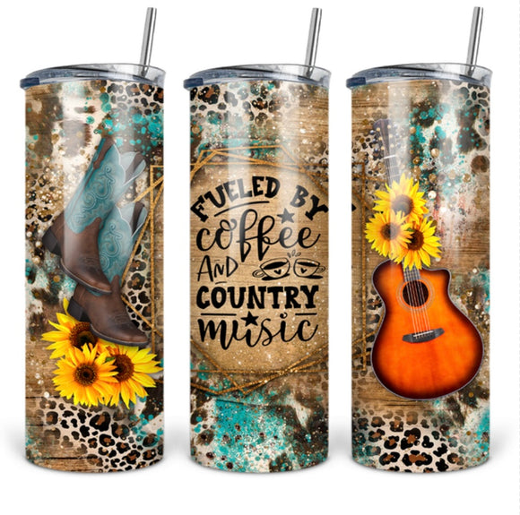 Skinny Insulated Tumbler- 600ml “Fueled by coffee and country music”