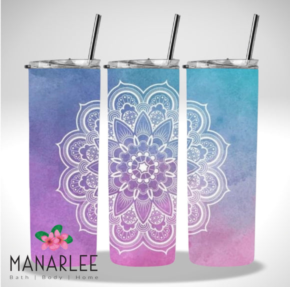 Skinny Insulated Tumbler- 600ml “Blue/Purple/White Mandala”