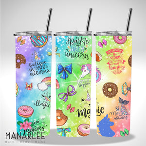 Skinny Insulated Tumbler- 600ml “Unicorns, Donuts & Mermaids”