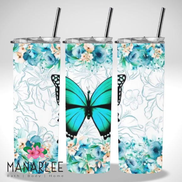 Skinny Insulated Tumbler- 600ml “Teal Butterfly”